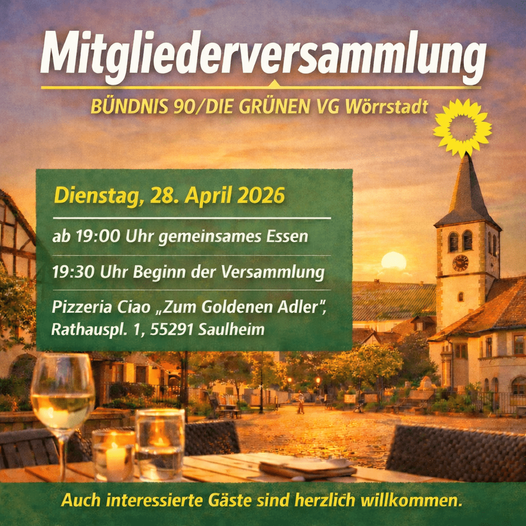 Share-Pic zur Mitgliederversammlung von BÜNDNIS 90/DIE GRÜNEN VG Wörrstadt am Dienstag, 28. April 2026 in Saulheim. Das Bild zeigt eine stimmungsvolle Abendaufnahme eines rheinhessischen Ortskerns mit Kirche und Außengastronomie im Sonnenuntergang. Im Vordergrund stehen gedeckte Tische, die eine einladende Atmosphäre für gemeinsames Essen vermitteln. Darüber liegen die Veranstaltungsinformationen mit Datum, Uhrzeit (ab 19:00 Uhr gemeinsames Essen, 19:30 Uhr Beginn), Ort (Pizzeria Ciao „Zum Goldenen Adler“, Rathausplatz 1, 55291 Saulheim) sowie der Hinweis, dass interessierte Gäste willkommen sind. Ergänzt wird das Bild durch das Sonnenblumen-Logo der Grünen